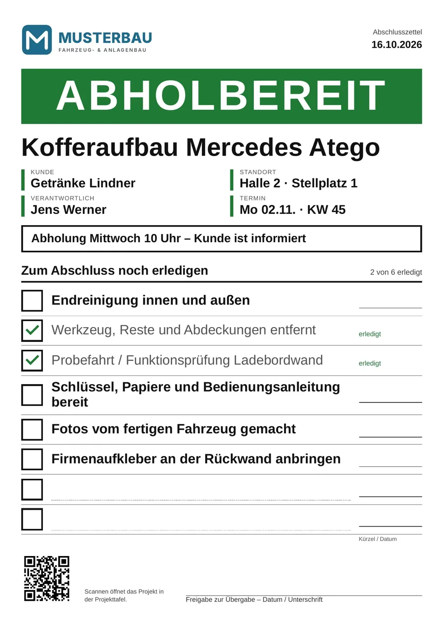 Etiketten, Laufzettel & Abschlusszettel – Bildschirmfoto aus der Projekttafel