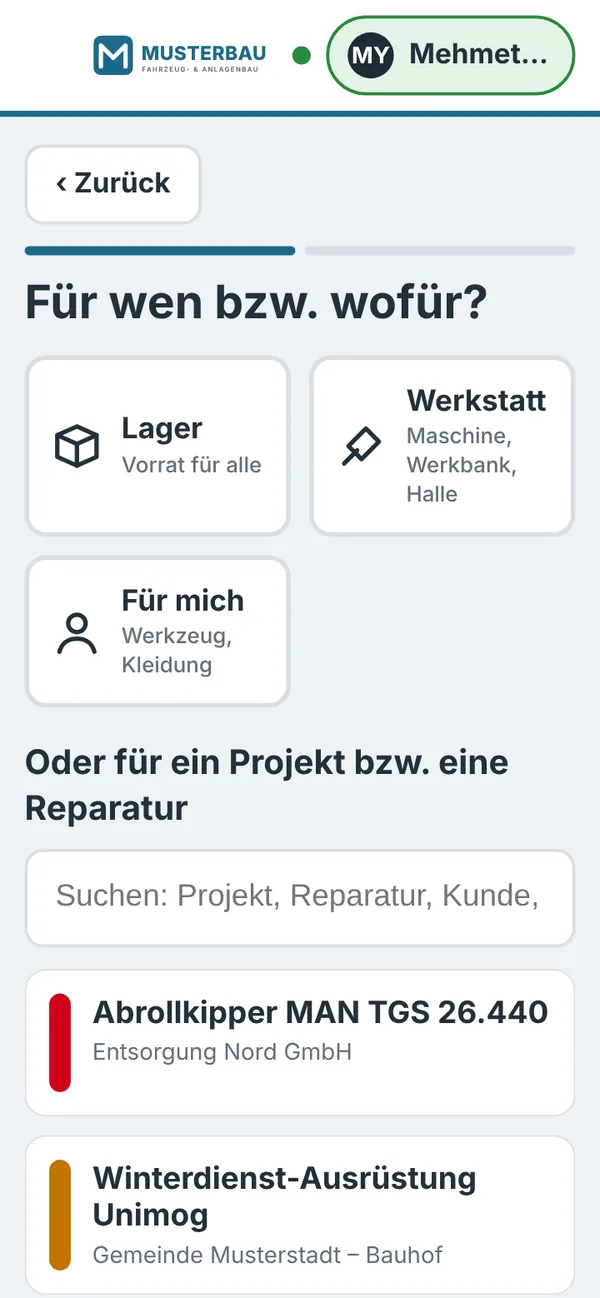 Etwas bestellen am Handy: Auswahl Lager, Werkstatt, Für mich oder Projekt