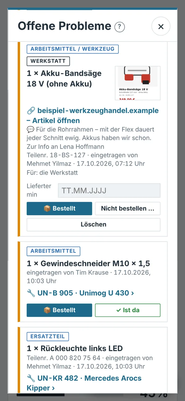 Einkaufsliste mit Bestellwunsch, Foto und Link zum Artikel