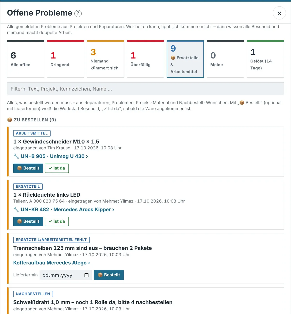 Einkauf: Teile & Arbeitsmittel – Bildschirmfoto aus der Projekttafel