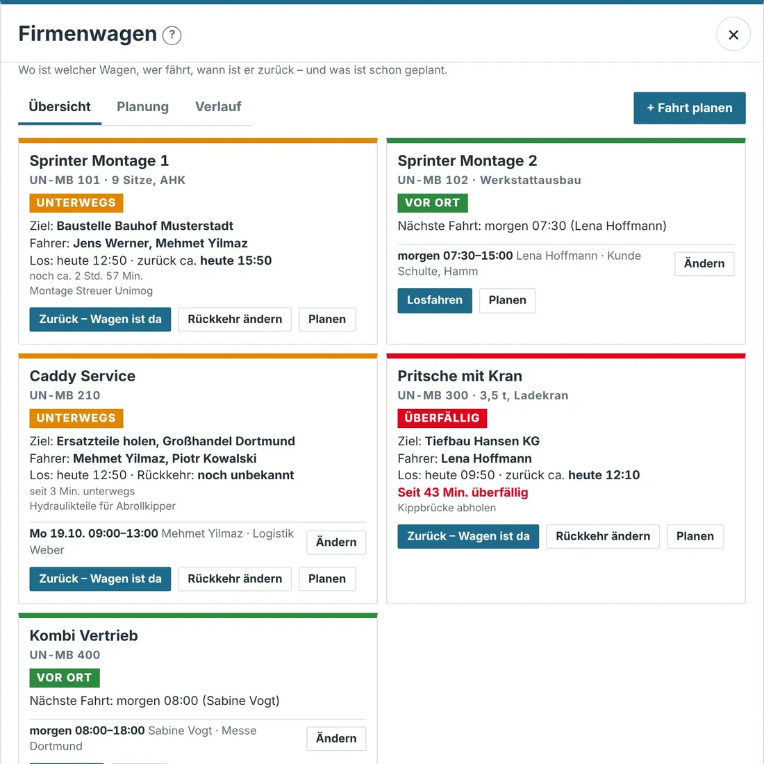Firmenwagen – Bildschirmfoto aus der Projekttafel