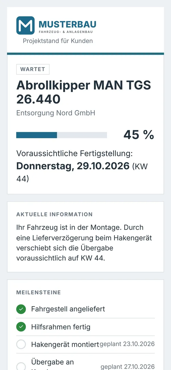 Kundenlink mit Freigabe – Bildschirmfoto aus der Projekttafel