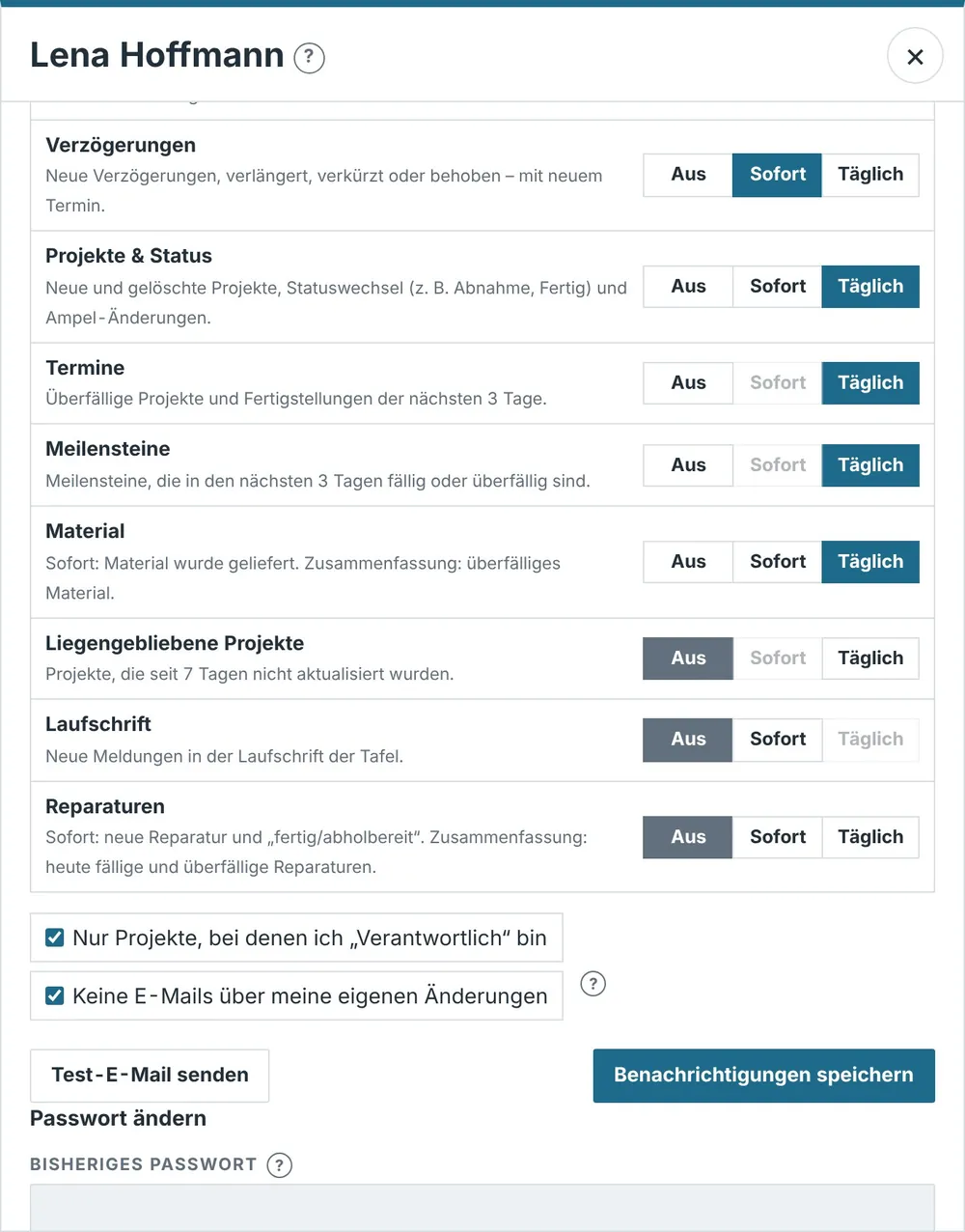 E-Mail-Benachrichtigungen – Bildschirmfoto aus der Projekttafel