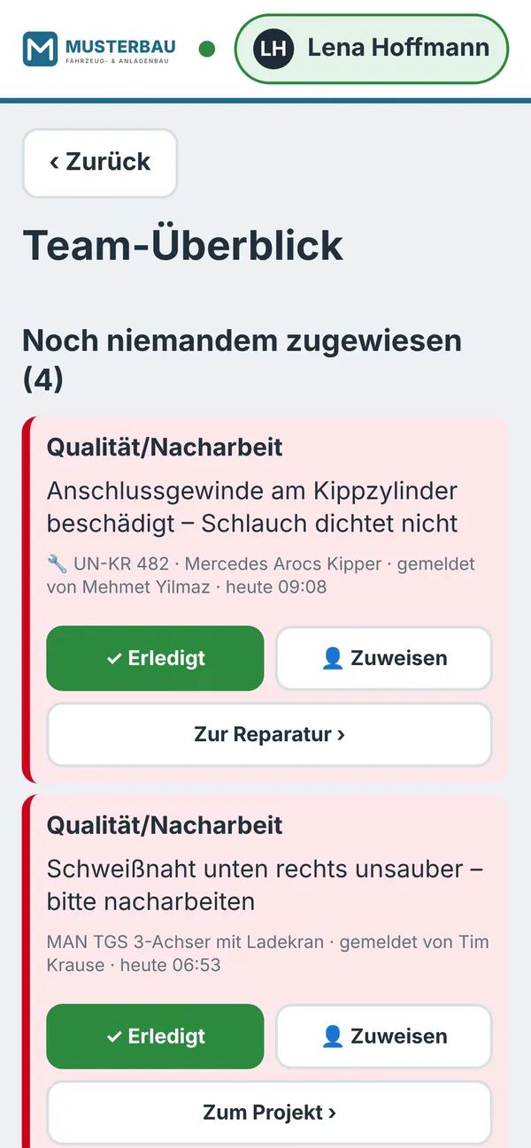 Meister am Handy – Bildschirmfoto aus der Projekttafel