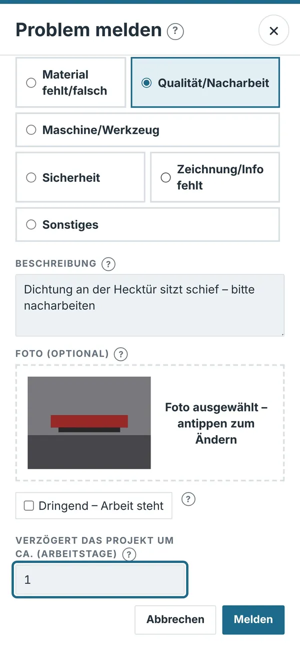 Problem melden per Handy – Bildschirmfoto aus der Projekttafel