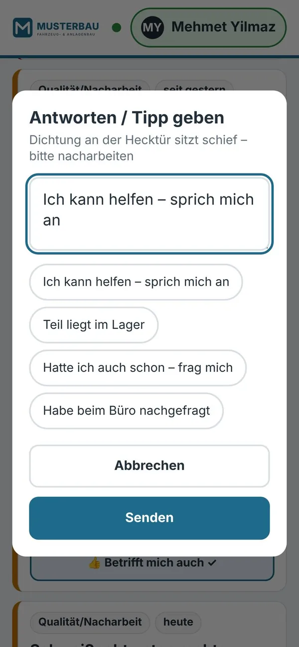 Dialog Antworten oder Tipp geben