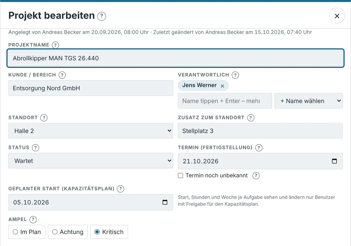 Projekte im Detail – Bildschirmfoto aus der Projekttafel