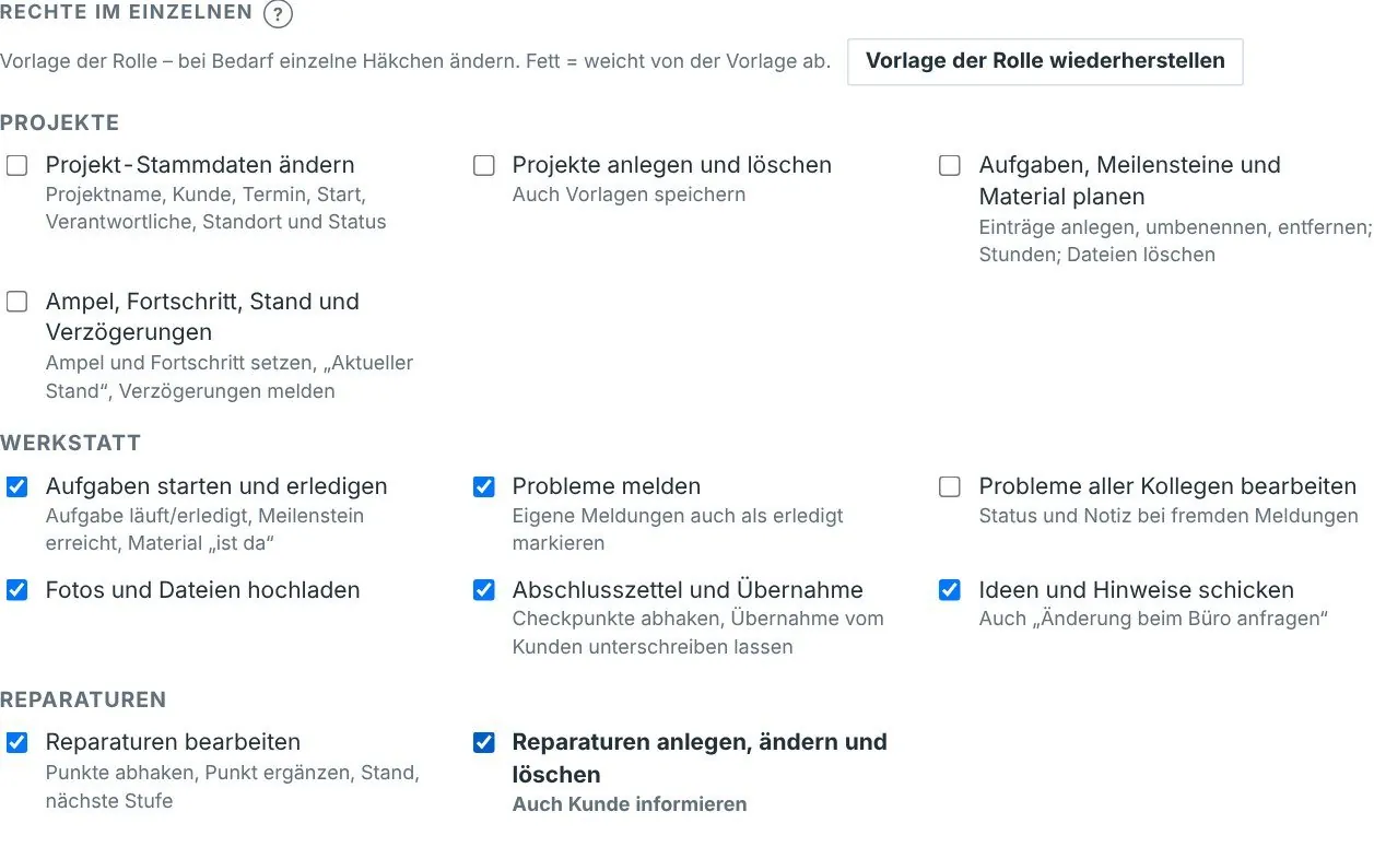 Rollen & Rechte – Bildschirmfoto aus der Projekttafel