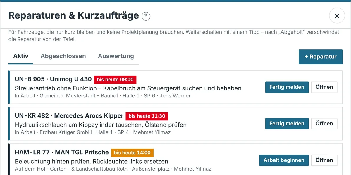 Reparaturen & Kurzaufträge – Bildschirmfoto aus der Projekttafel