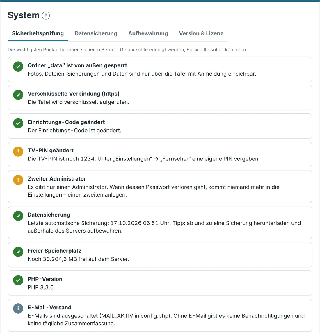 Sicherheit & Datensicherung – Bildschirmfoto aus der Projekttafel