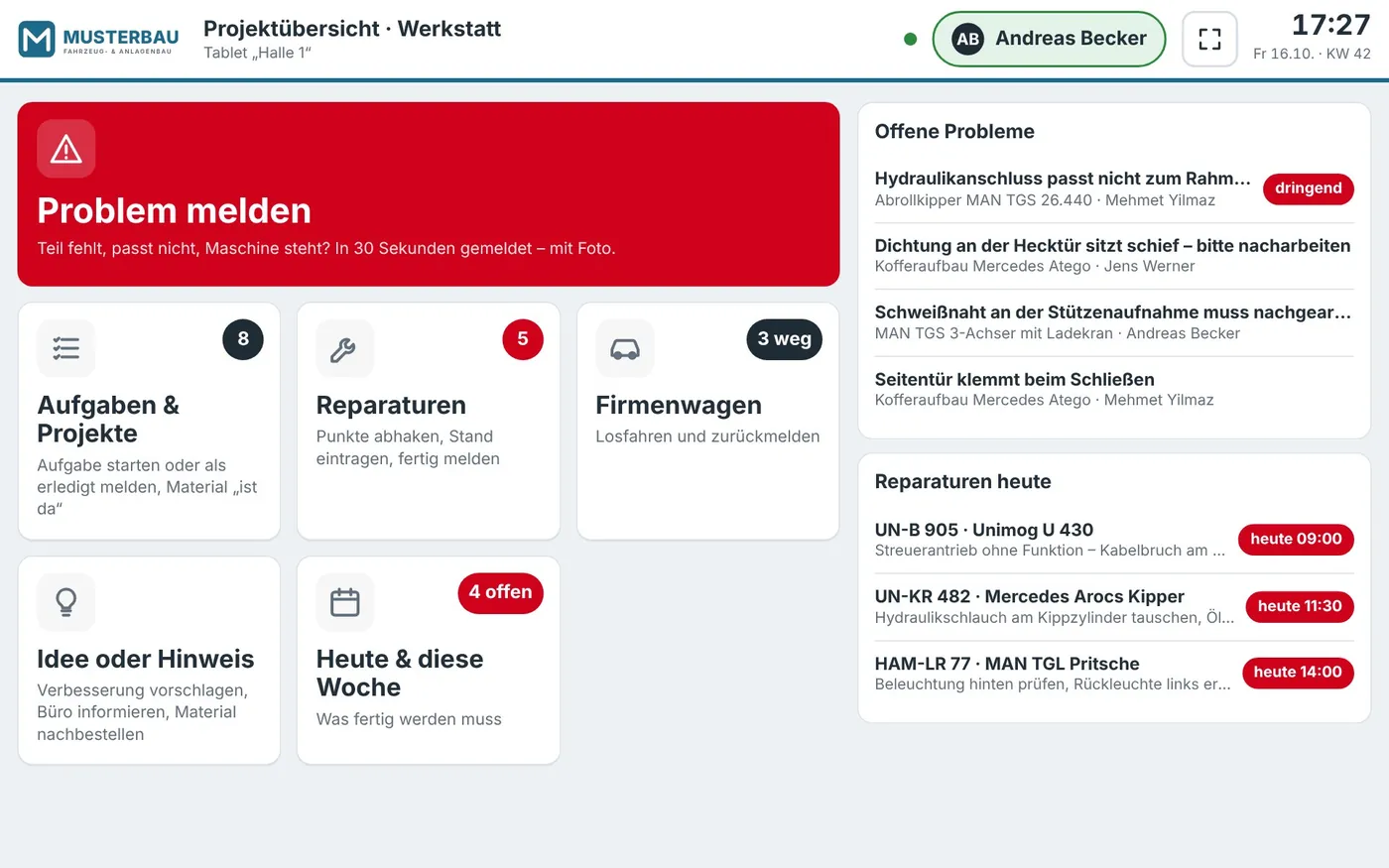 Werkstatt-Tablet – Bildschirmfoto aus der Projekttafel