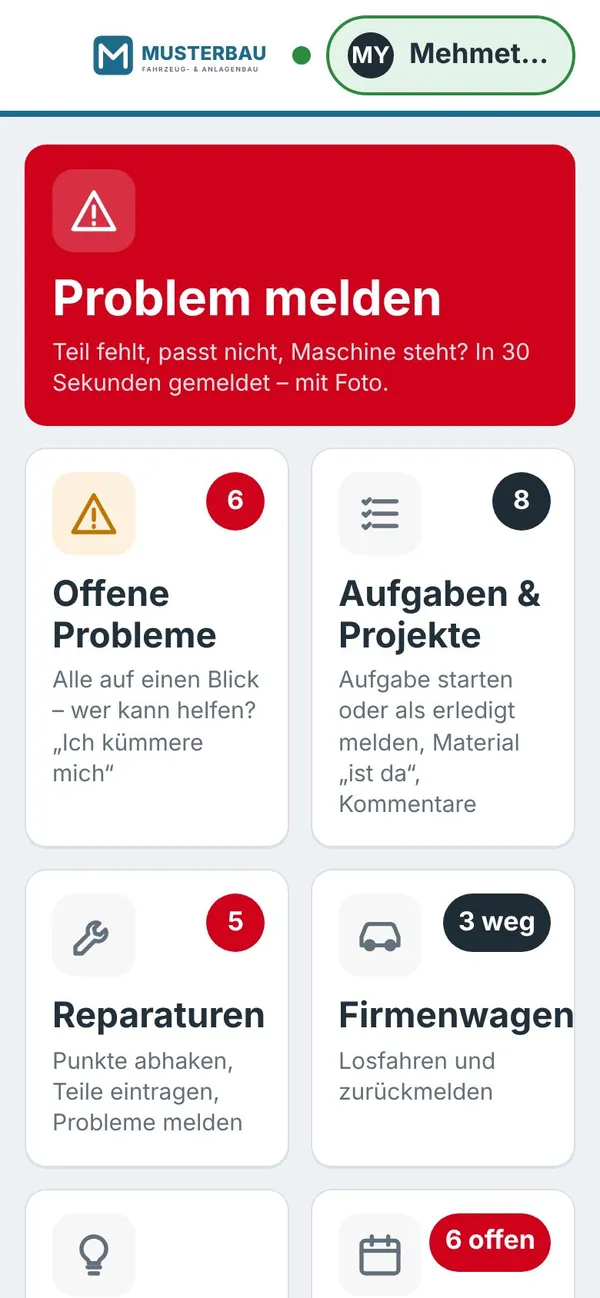 Die Werkstatt-Ansicht am Handy